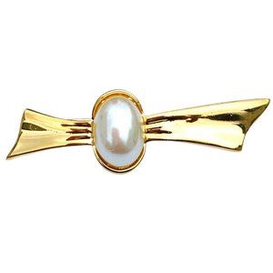 Vintage Napier Brooch Gold Tone Bow Large Faux Pearl 1980